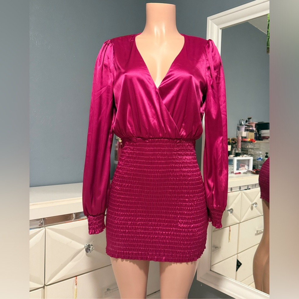 Satin Magenta Long Sleeve Dress
